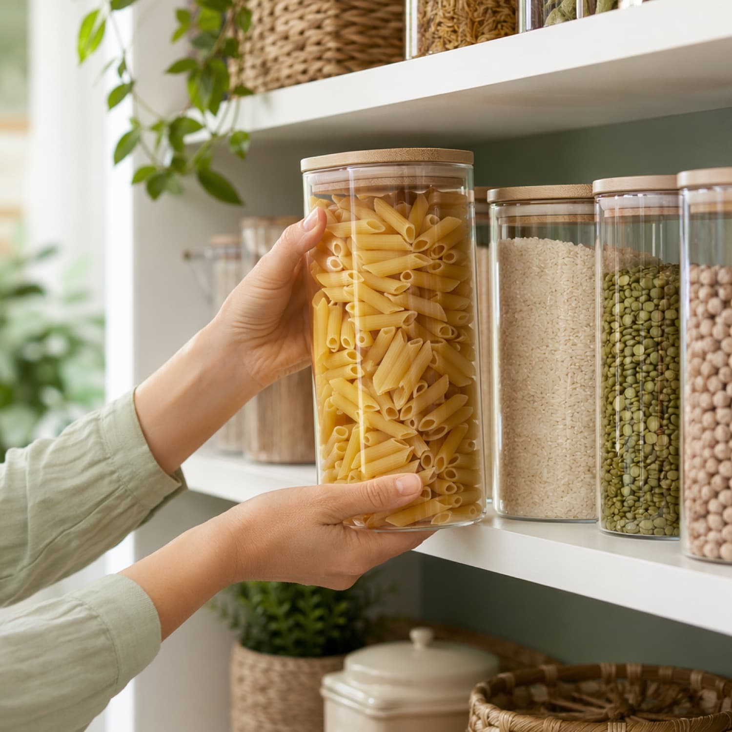 Hands placing an airtight jar of pasta onto a pantry shelf