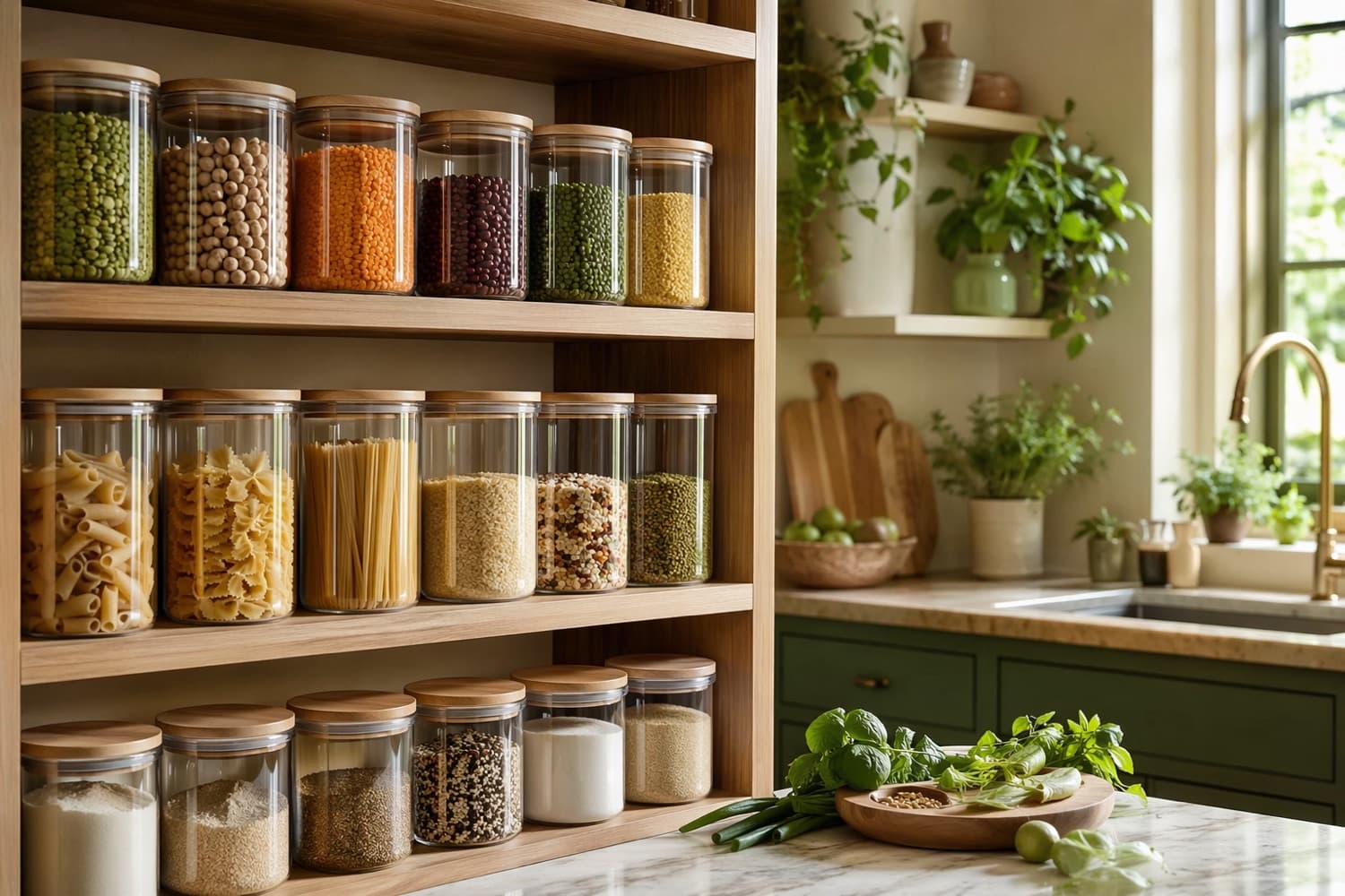 A bright kitchen counter lined with airtight pantry jars full of grains and pasta