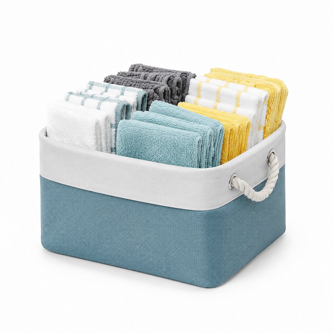 Cloth Storage Bin — A soft fabric bin that keeps folded cloths tidy and to hand.