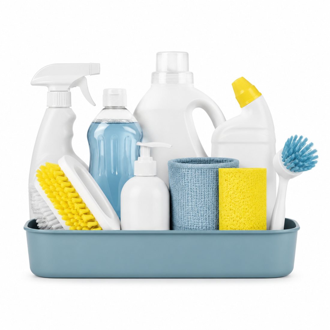 Pantry Cleaning Tray — A wipe-clean tray that corrals bottles and brushes on a shelf.