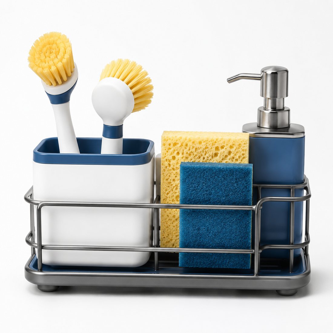 Sink Caddy — A draining caddy that holds brushes and sponges by the sink.