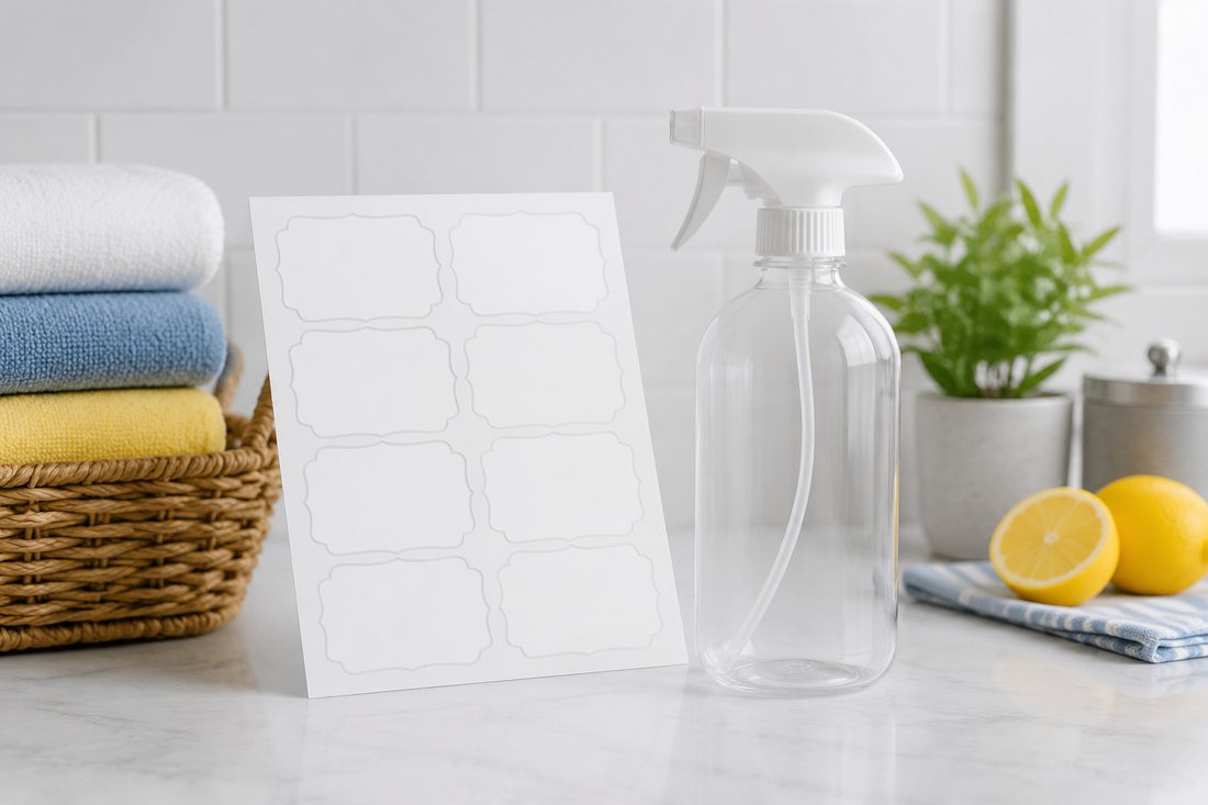Reusable Spray Bottle Labels in use at home
