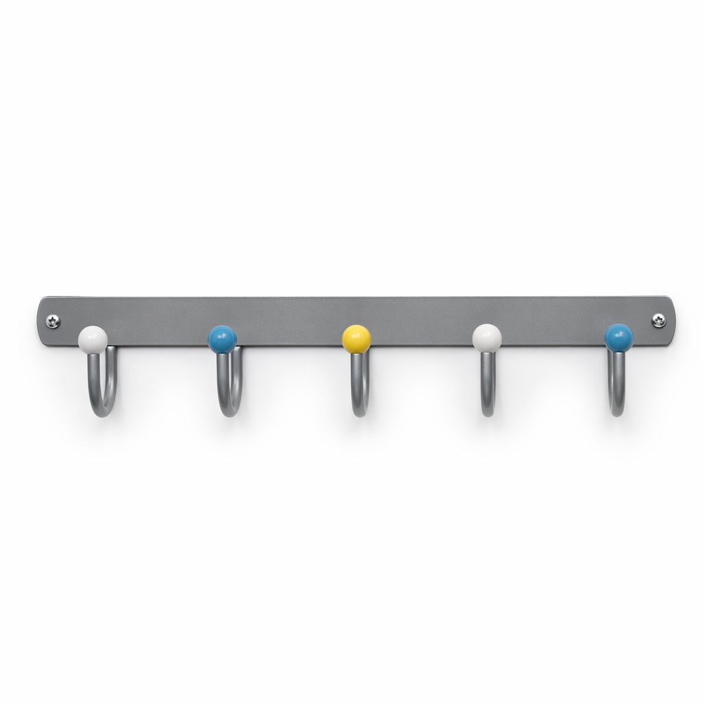 Utility Hook Rail — A wall rail with five hooks for brushes, cloths and tools.