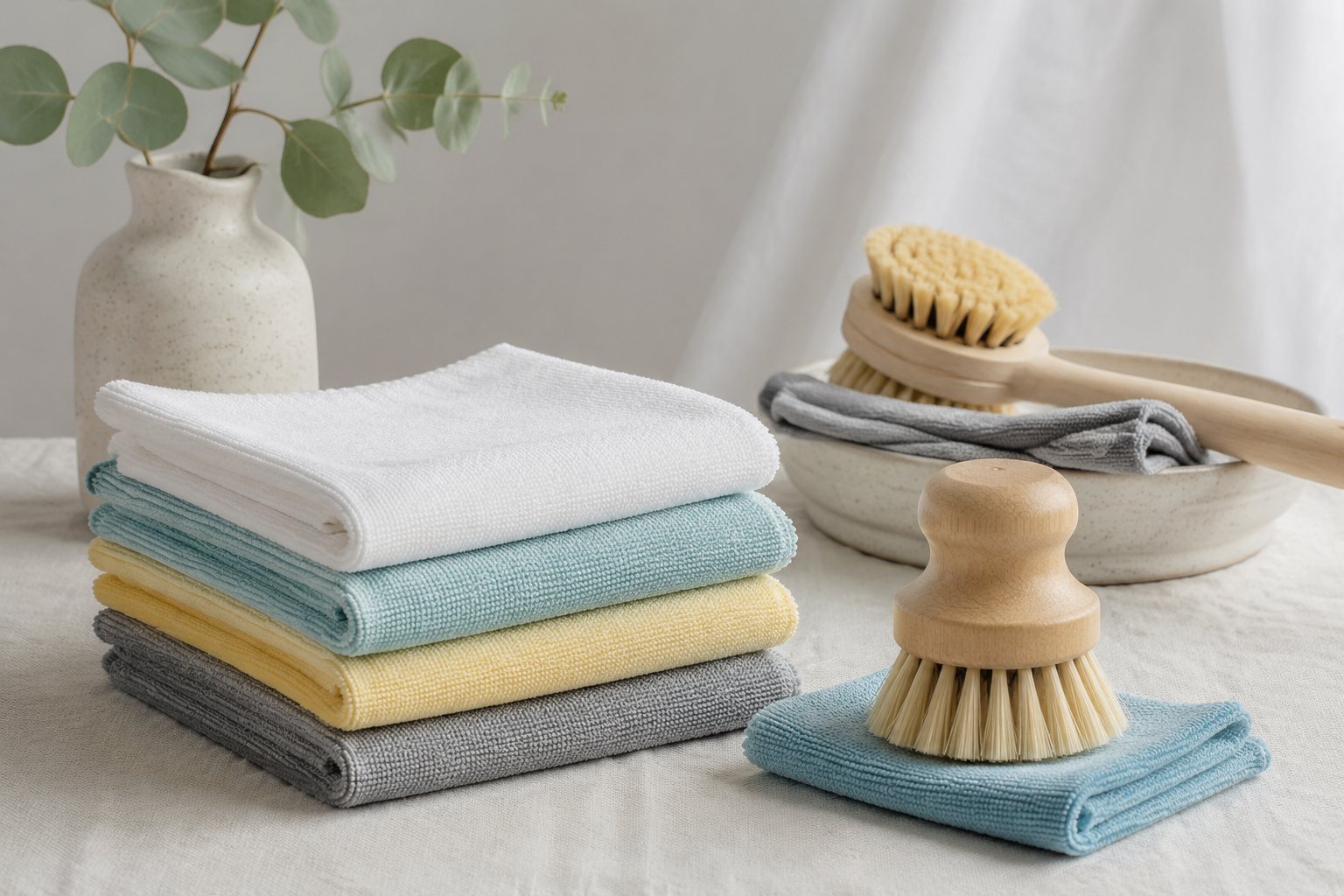 Folded microfiber cloths and brushes