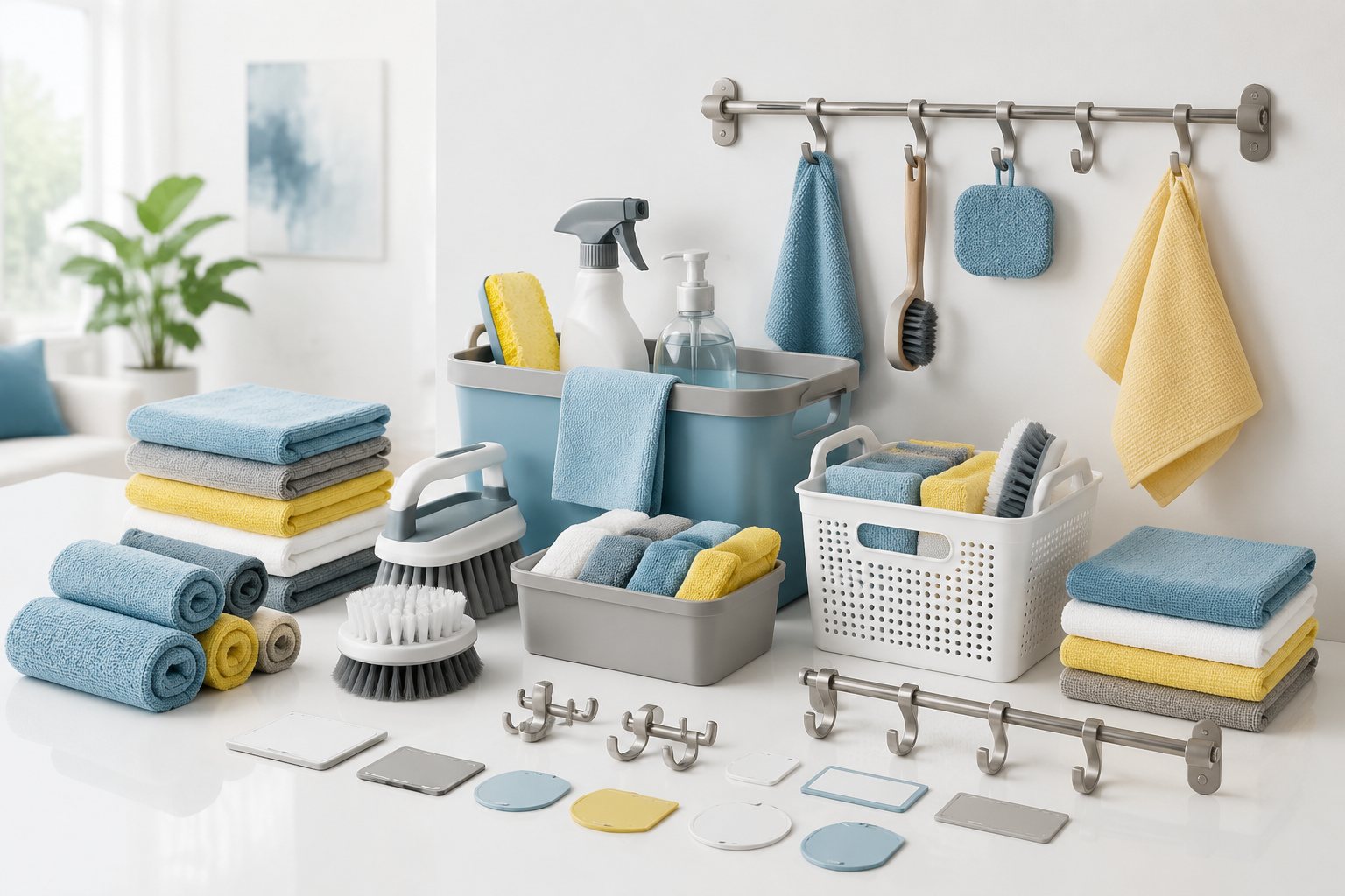 An organized utility cleaning kit with reusable cloths, brushes, a hook rail and tidy storage
