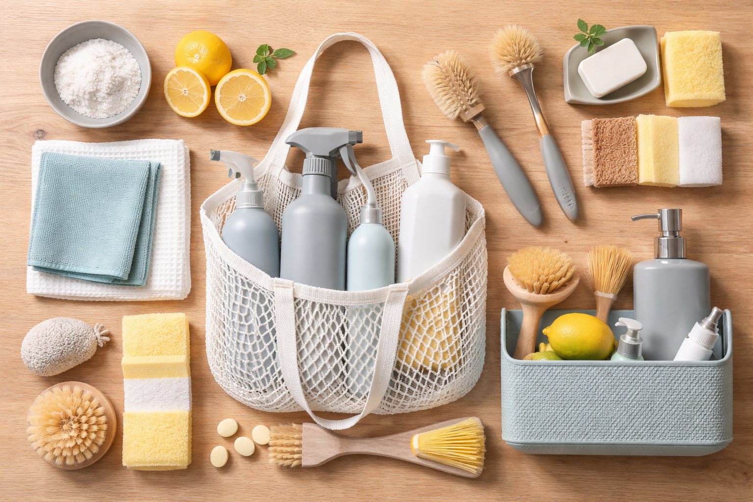 A complete reusable cleaning kit laid out for bulk supply